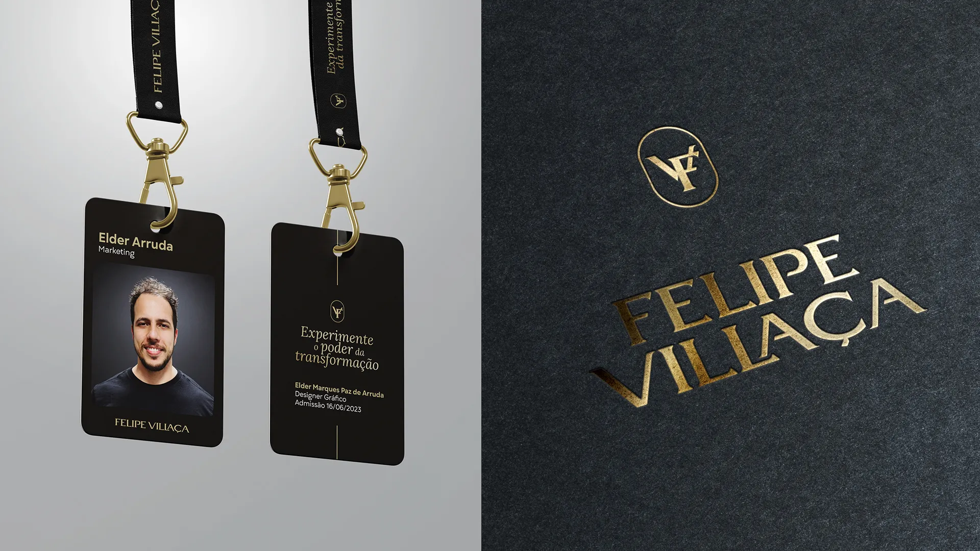 Crachás de identificação da equipe FVG com cordão preto e detalhes em ouro, ao lado da marca Felipe Villaça aplicada em hot stamping dourado sobre papel texturizado